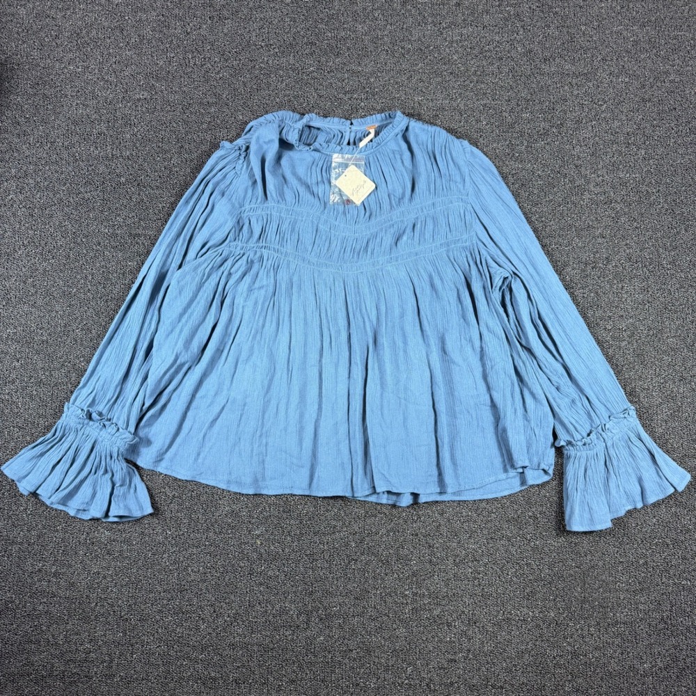 Free People One Adored - Crinkle Gauze Blouse Bell Sleeve - In Blue Metal - S/P